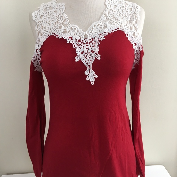 Gorgeous Burgundy Cold Shoulder Lace Trim Top - Picture 2 of 4